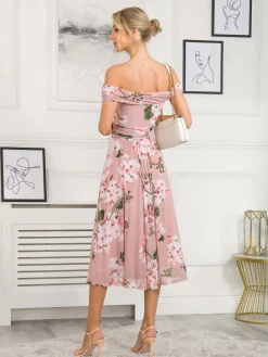 Rawiya Bardot Neck Mesh Dress, Pink Floral