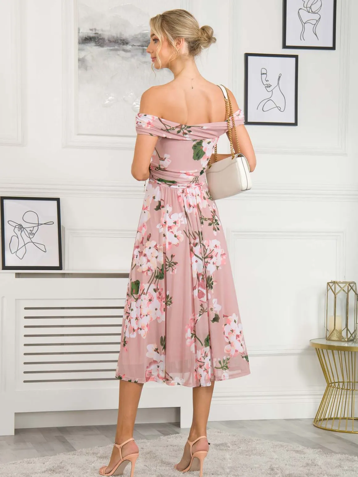 Rawiya Bardot Neck Mesh Dress, Pink Floral