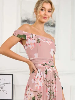 Rawiya Bardot Neck Mesh Dress, Pink Floral