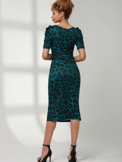 Ray Ruched Waist Bodycon Midi Dress, Green Animal