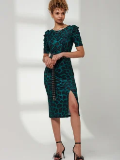 Ray Ruched Waist Bodycon Midi Dress, Green Animal
