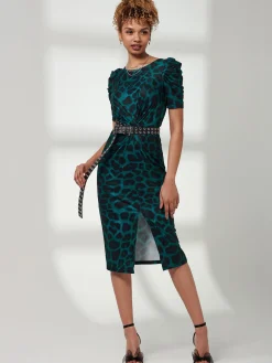 Ray Ruched Waist Bodycon Midi Dress, Green Animal