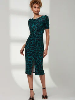 Ray Ruched Waist Bodycon Midi Dress, Green Animal