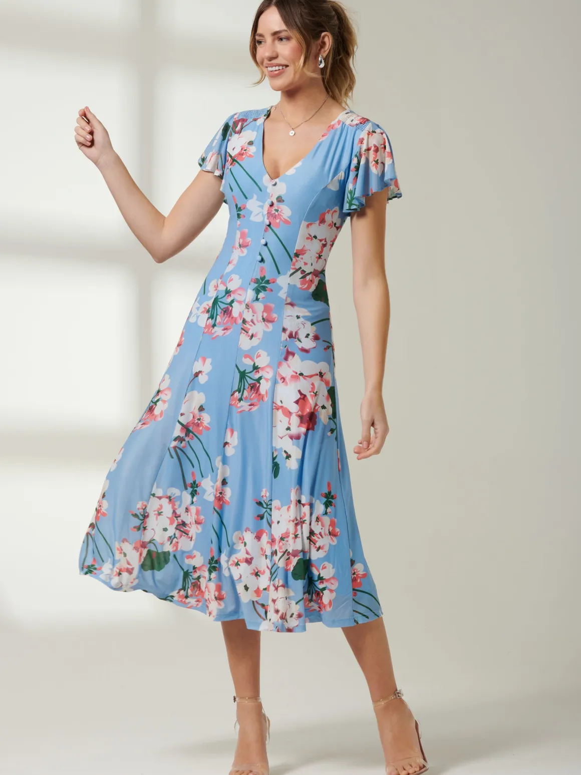 Rella Cap Sleeve Mesh Midi Dress, Blue Floral