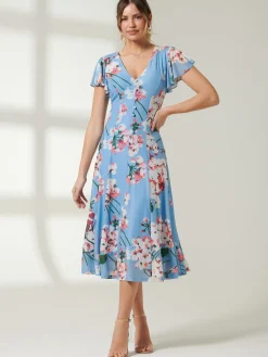 Rella Cap Sleeve Mesh Midi Dress, Blue Floral