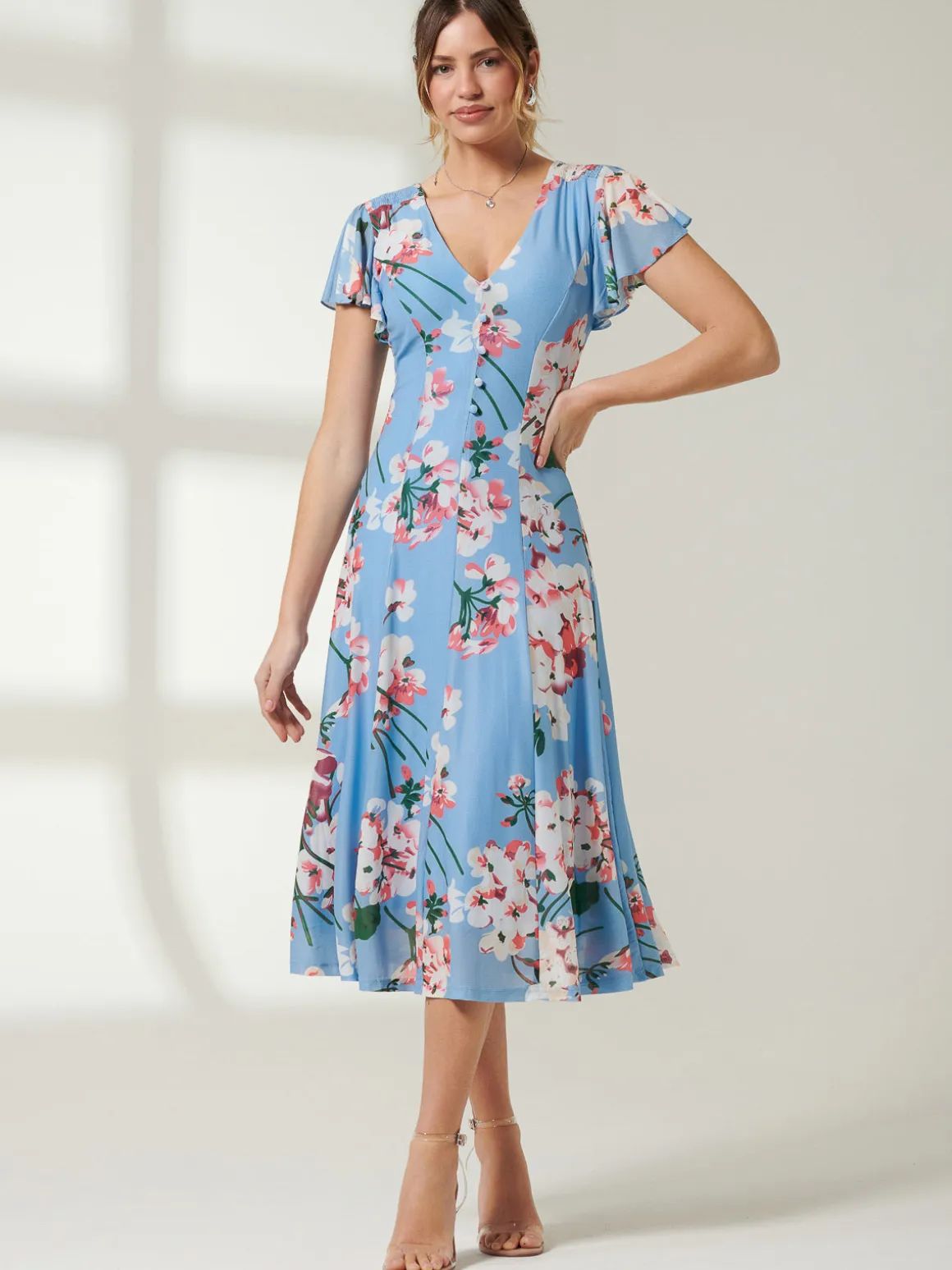Rella Cap Sleeve Mesh Midi Dress, Blue Floral