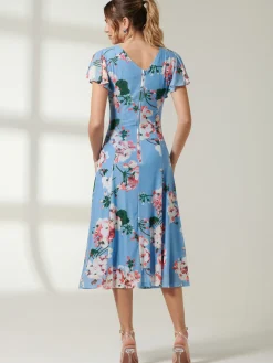 Rella Cap Sleeve Mesh Midi Dress, Blue Floral