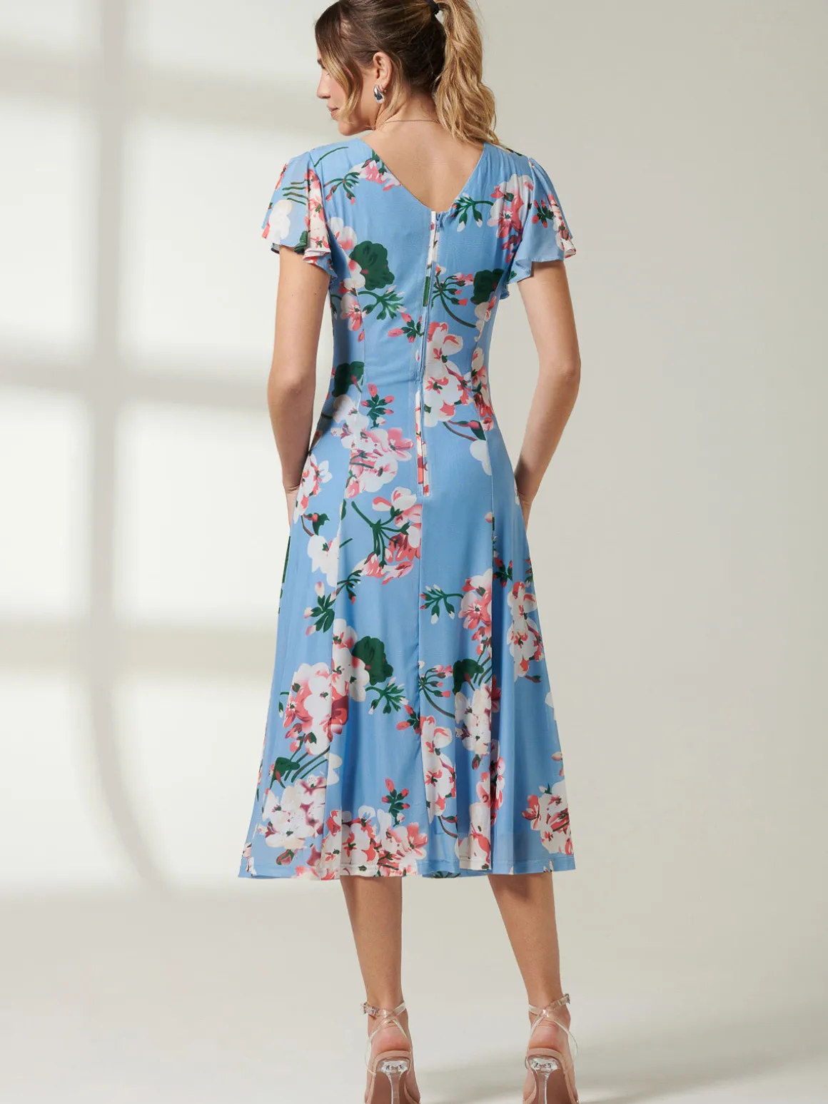 Rella Cap Sleeve Mesh Midi Dress, Blue Floral