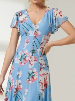 Rella Cap Sleeve Mesh Midi Dress, Blue Floral