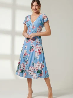 Rella Cap Sleeve Mesh Midi Dress, Blue Floral