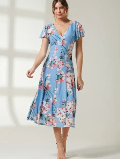 Rella Cap Sleeve Mesh Midi Dress, Blue Floral