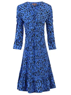 Retro Geometric Flare Hem Dress, Blue Leopard