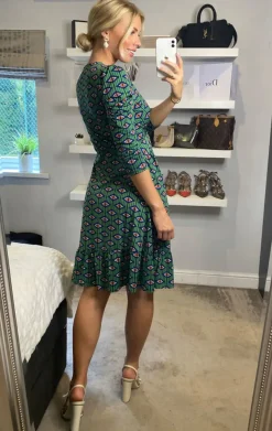 Retro Geometric Flare Hem Dress, Green Geo
