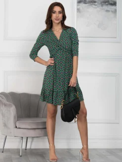 Retro Geometric Flare Hem Dress, Green Geo