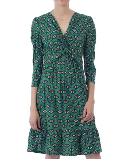 Retro Geometric Flare Hem Dress, Green Geo