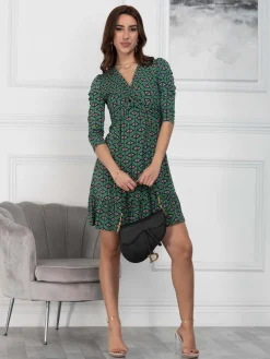 Retro Geometric Flare Hem Dress, Green Geo