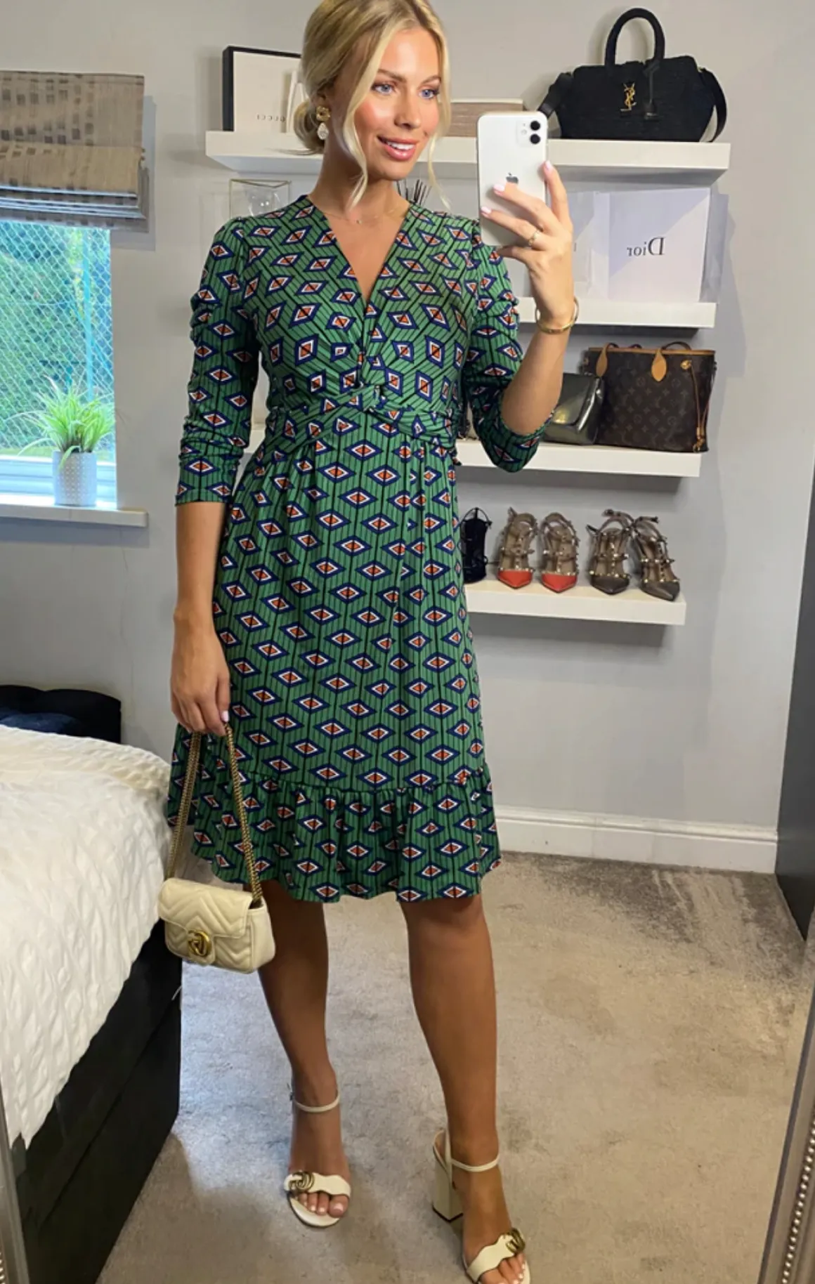 Retro Geometric Flare Hem Dress, Green Geo