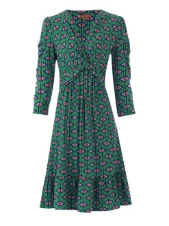 Retro Geometric Flare Hem Dress, Green Geo