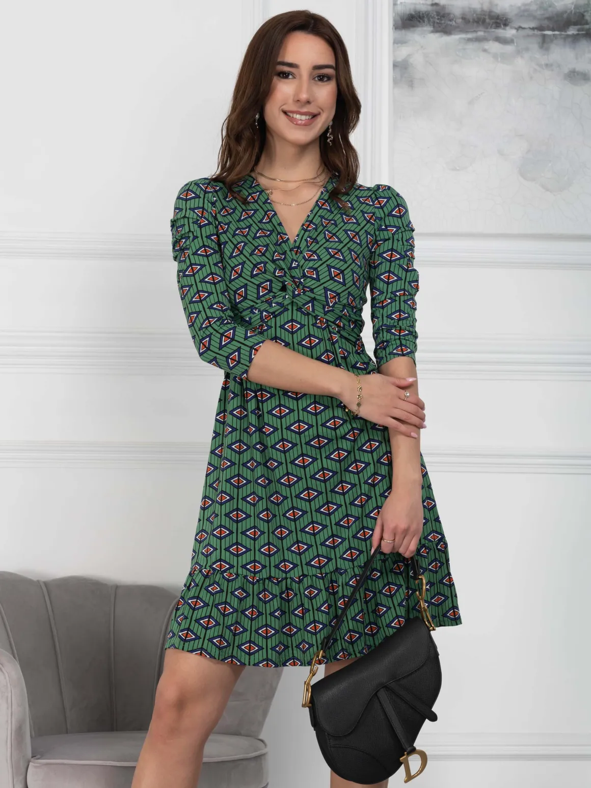 Retro Geometric Flare Hem Dress, Green Geo
