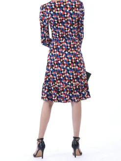 Retro Geometric Flare Hem Dress, Royal Multi