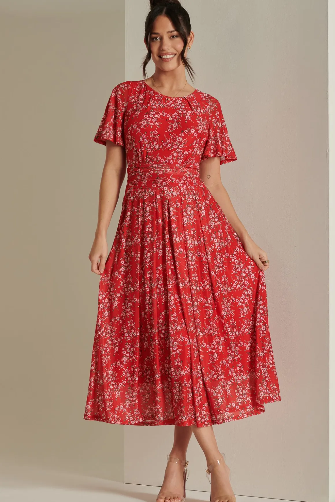 Rexina Maxi Mesh Dress, Red Floral