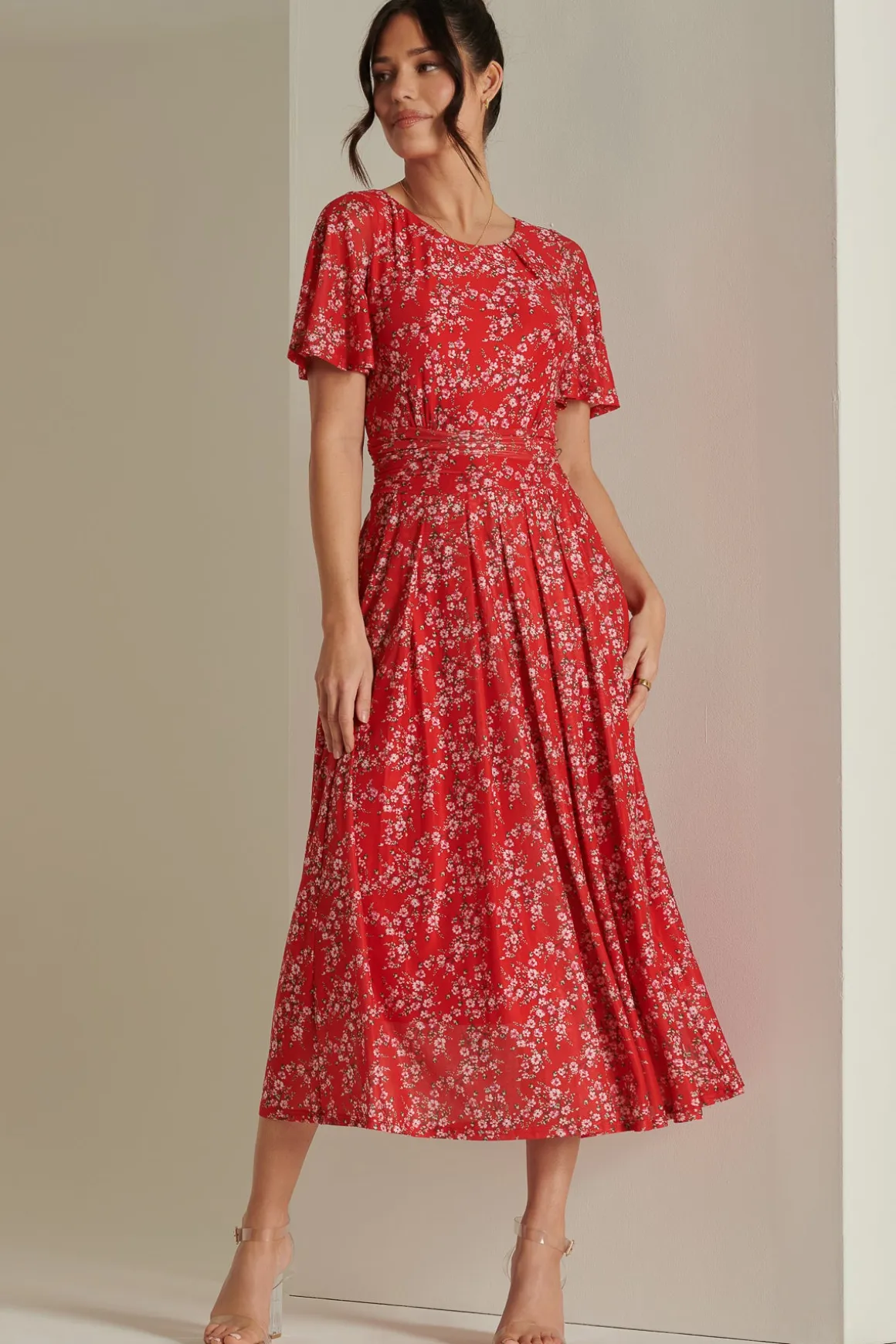 Rexina Maxi Mesh Dress, Red Floral