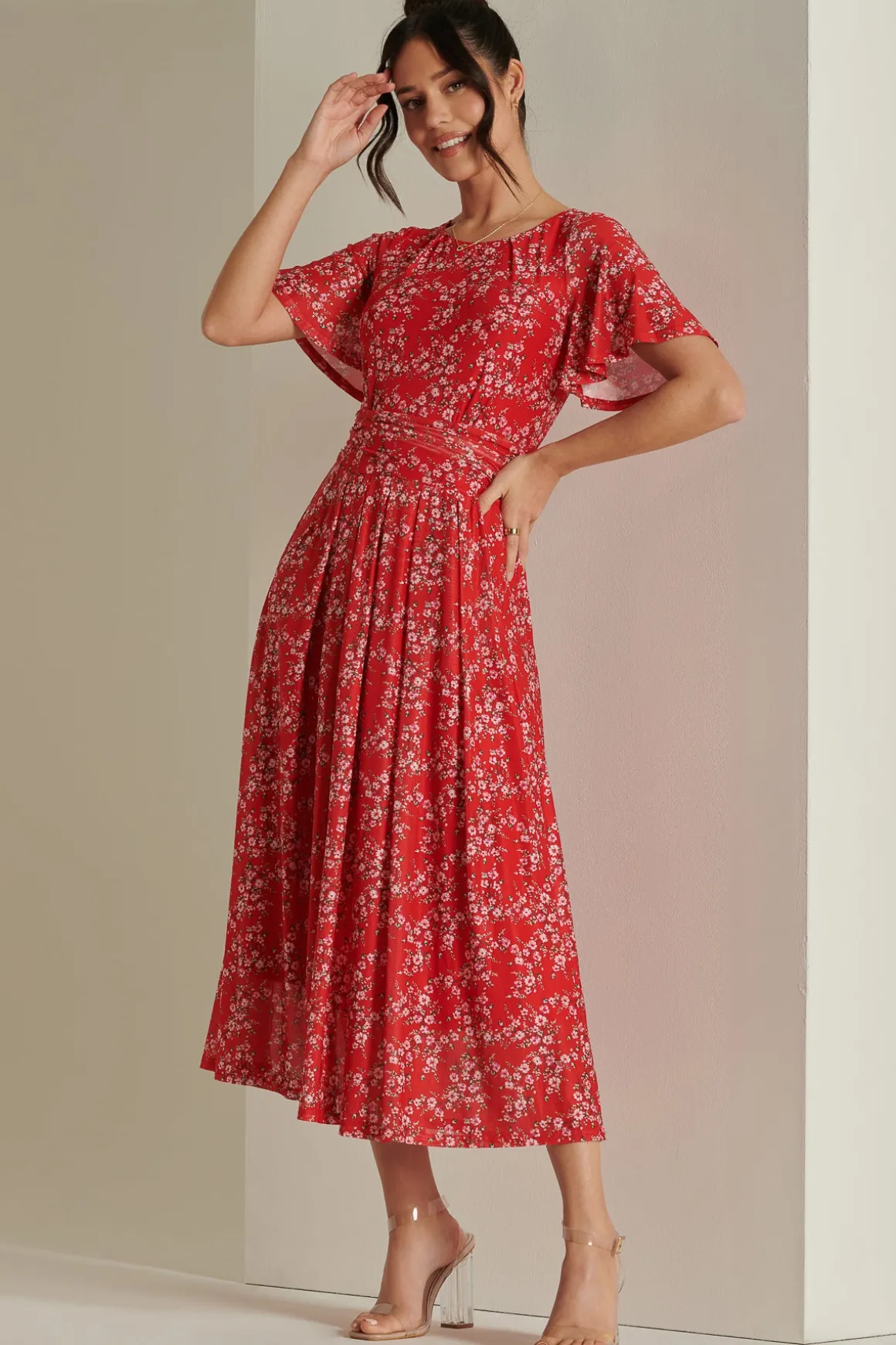 Rexina Maxi Mesh Dress, Red Floral