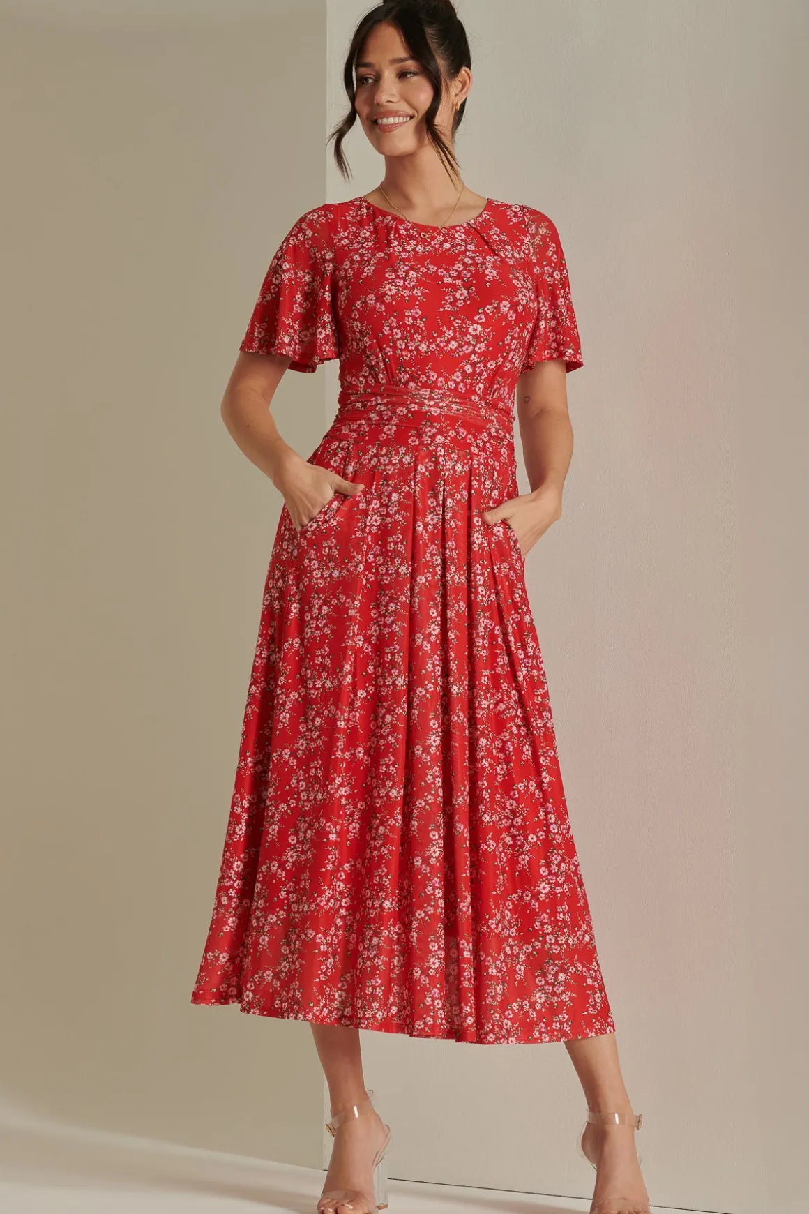 Rexina Maxi Mesh Dress, Red Floral