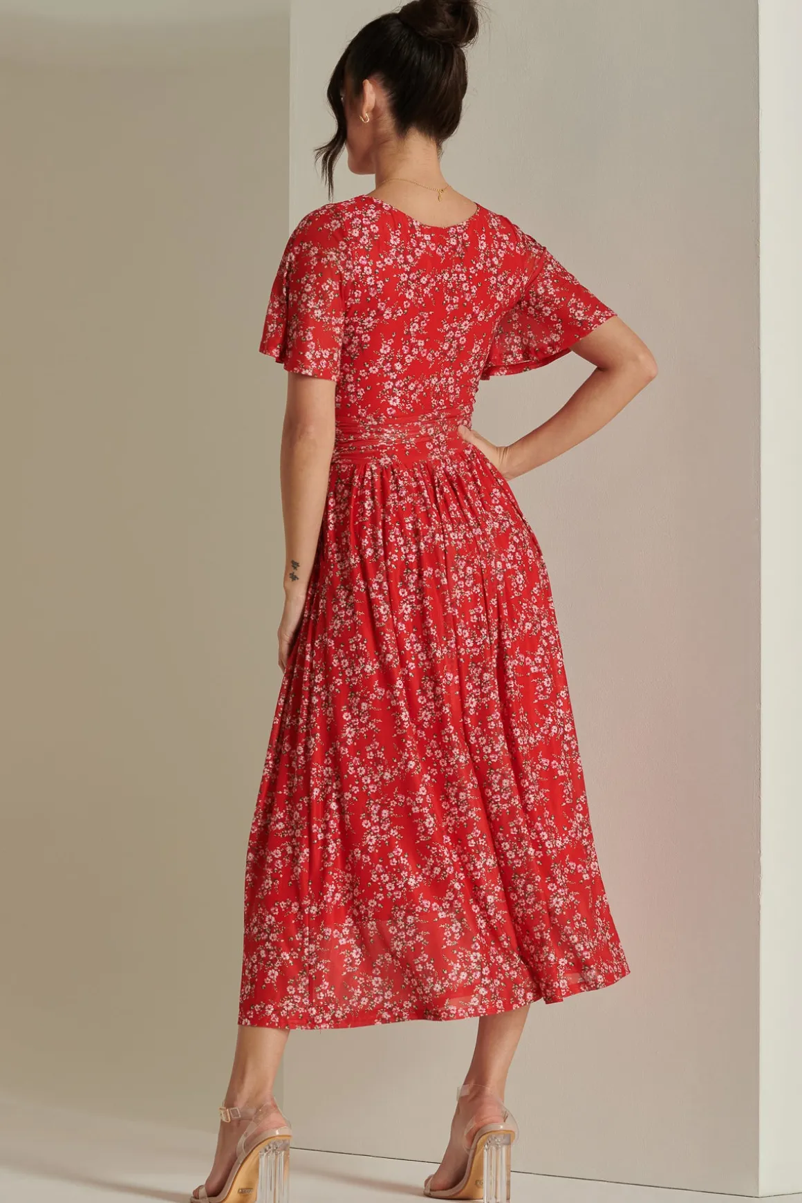 Rexina Maxi Mesh Dress, Red Floral