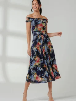 Rezka Off Shoulder Mesh Midi Dress, Navy Floral