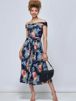 Rezka Off Shoulder Mesh Midi Dress, Navy Floral