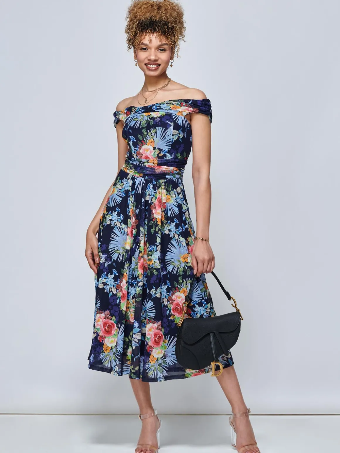 Rezka Off Shoulder Mesh Midi Dress, Navy Floral
