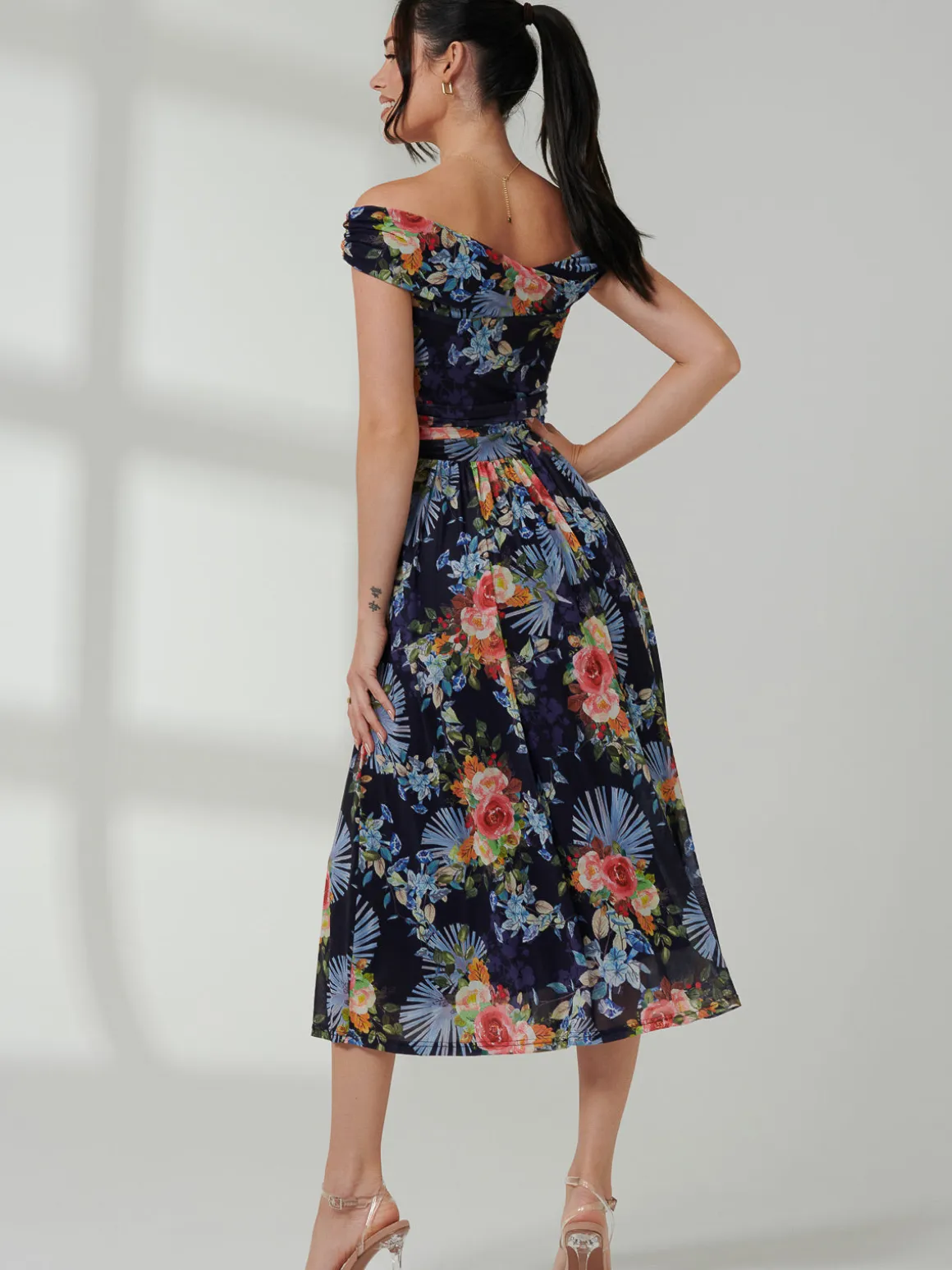 Rezka Off Shoulder Mesh Midi Dress, Navy Floral