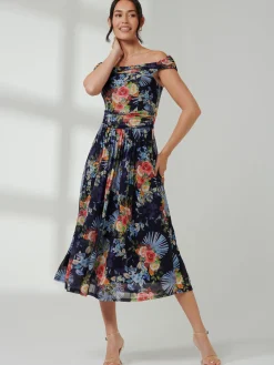 Rezka Off Shoulder Mesh Midi Dress, Navy Floral