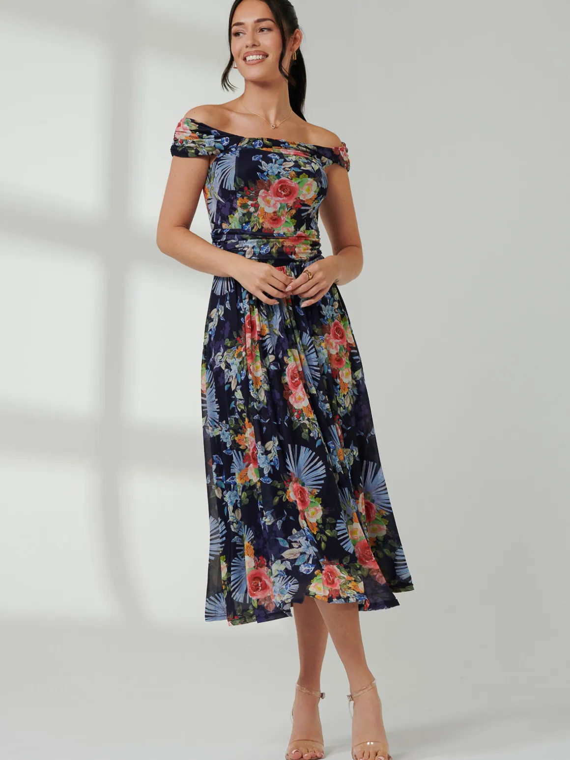 Rezka Off Shoulder Mesh Midi Dress, Navy Floral