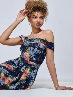 Rezka Off Shoulder Mesh Midi Dress, Navy Floral