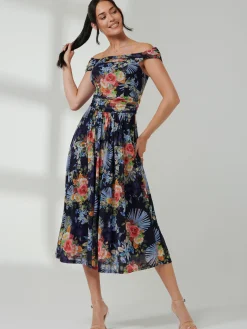 Rezka Off Shoulder Mesh Midi Dress, Navy Floral