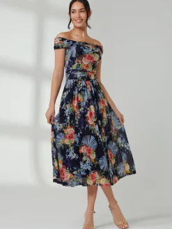Rezka Off Shoulder Mesh Midi Dress, Navy Floral