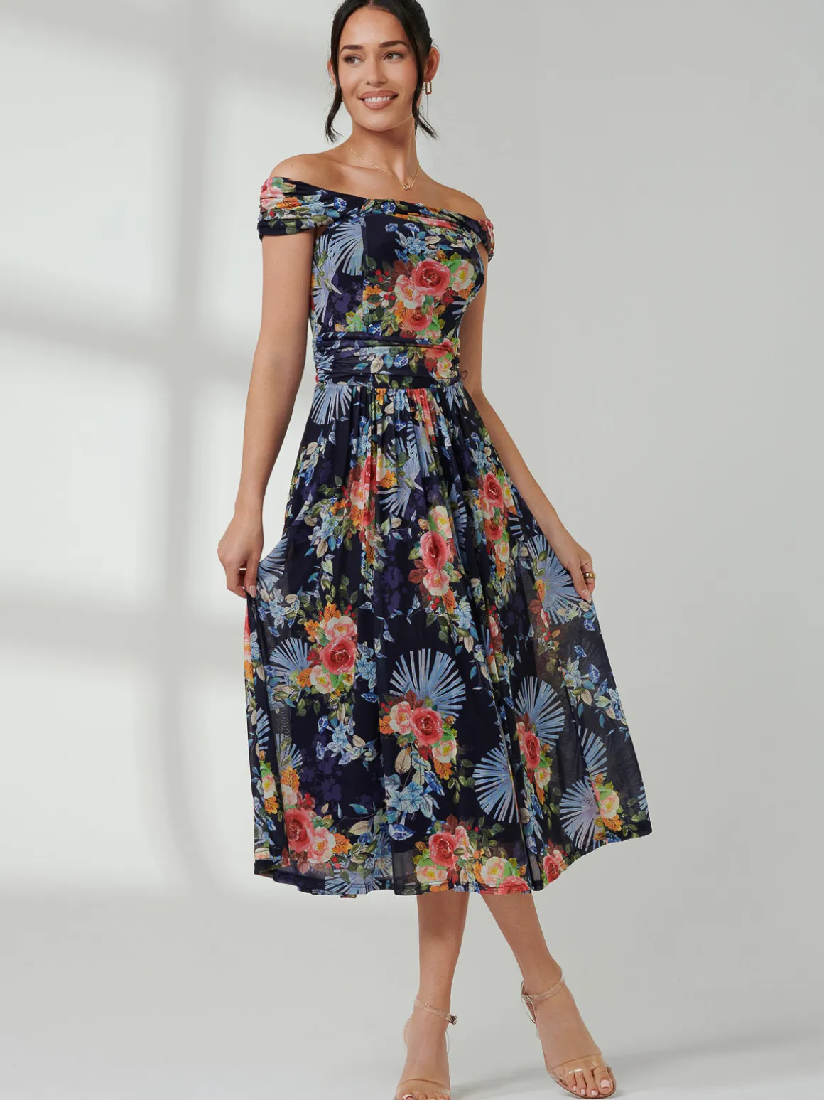 Rezka Off Shoulder Mesh Midi Dress, Navy Floral