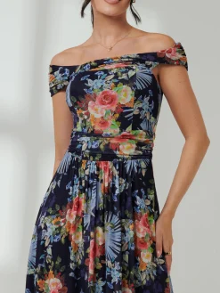 Rezka Off Shoulder Mesh Midi Dress, Navy Floral