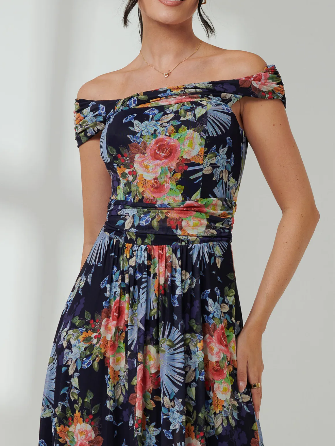 Rezka Off Shoulder Mesh Midi Dress, Navy Floral