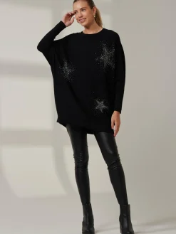 Rhinestone Sparkle Star Knit Jumper, Black