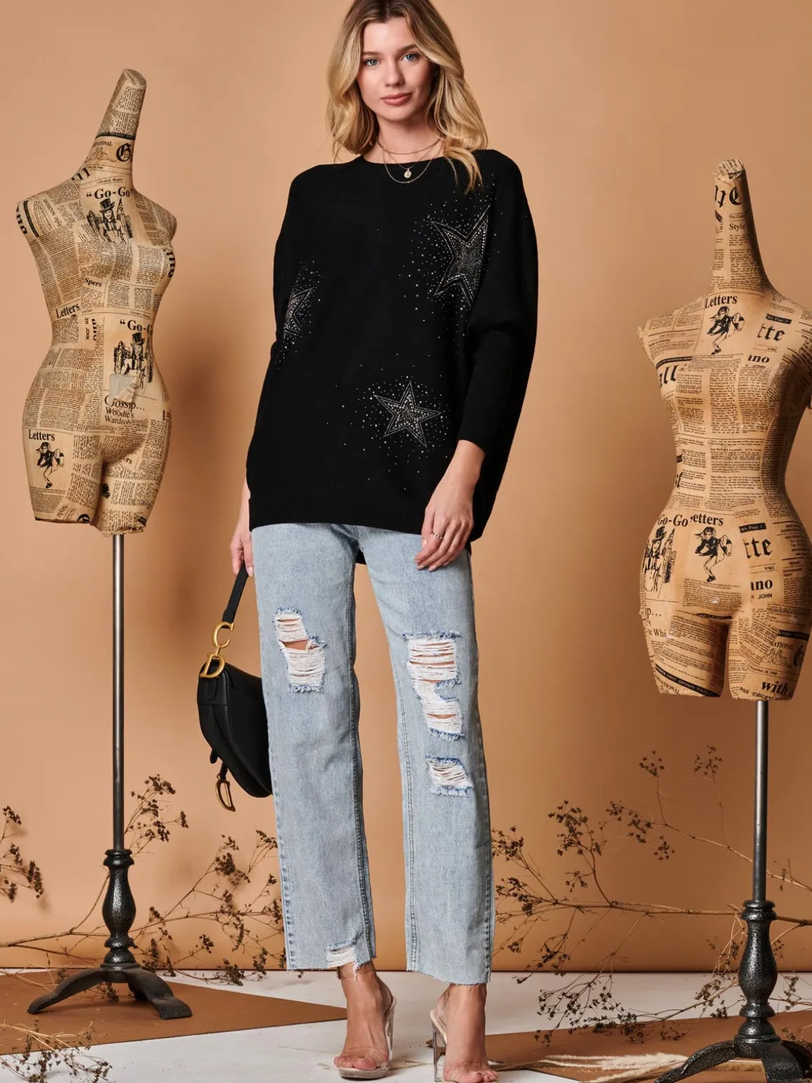 Rhinestone Sparkle Star Knit Jumper, Black
