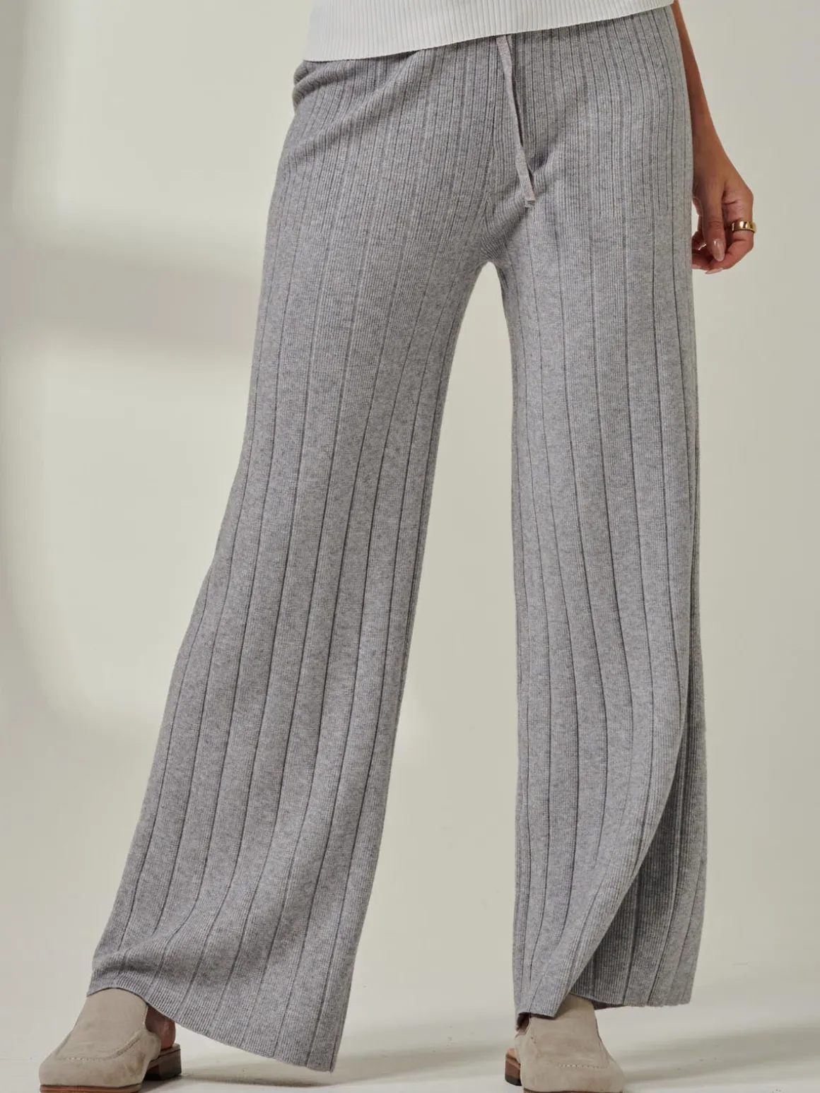 Ribbed Knit Wide Leg Trousers, Dove Heather