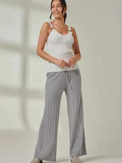 Ribbed Knit Wide Leg Trousers, Dove Heather