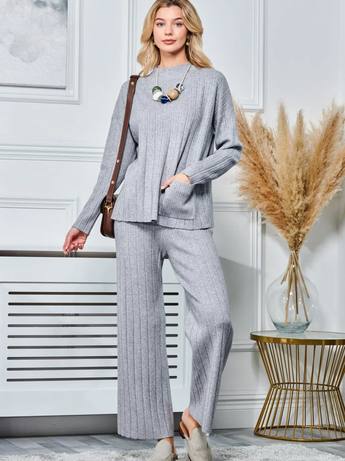Ribbed Knit Wide Leg Trousers, Dove Heather