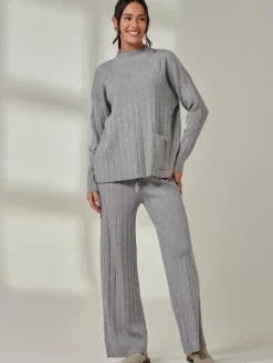 Ribbed Knit Wide Leg Trousers, Dove Heather