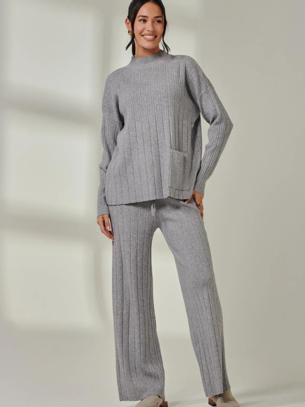 Ribbed Knit Wide Leg Trousers, Dove Heather