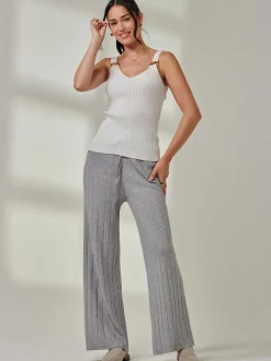 Ribbed Knit Wide Leg Trousers, Dove Heather