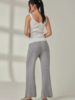 Ribbed Knit Wide Leg Trousers, Dove Heather